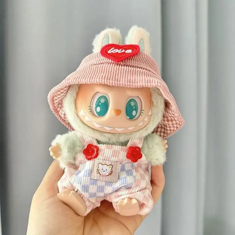 17cm Mini Doll' clothes Outfit, Blue and Pink Plaid Overalls for lovely Labubu Kpop Exo Idol Doll Clothes DIY Accessories