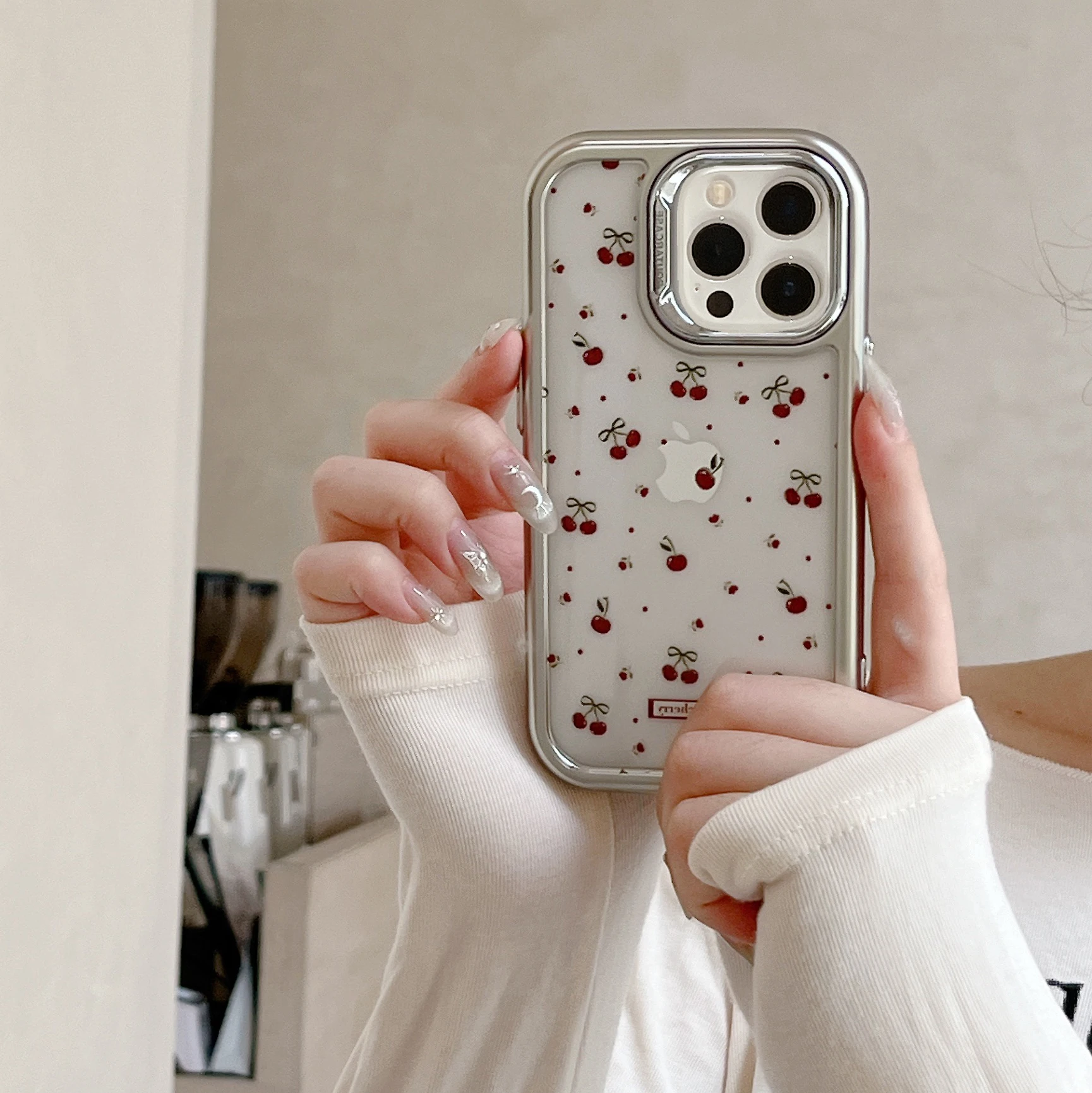 Korean Electroplated Frame Refreshing Cherry Chic Phone Case for iPhone 16 15 14 13 11 Pro Max Plus Back Cover for 12 Pro Max
