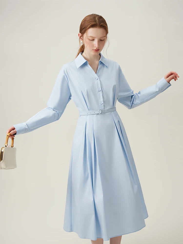 FSLE【2 Colors】Long Sleeve Shirt Dress Spring Blue Color Long Pleated Design A-LINE Skirts Belt Decoration Female Dress 24FS11310