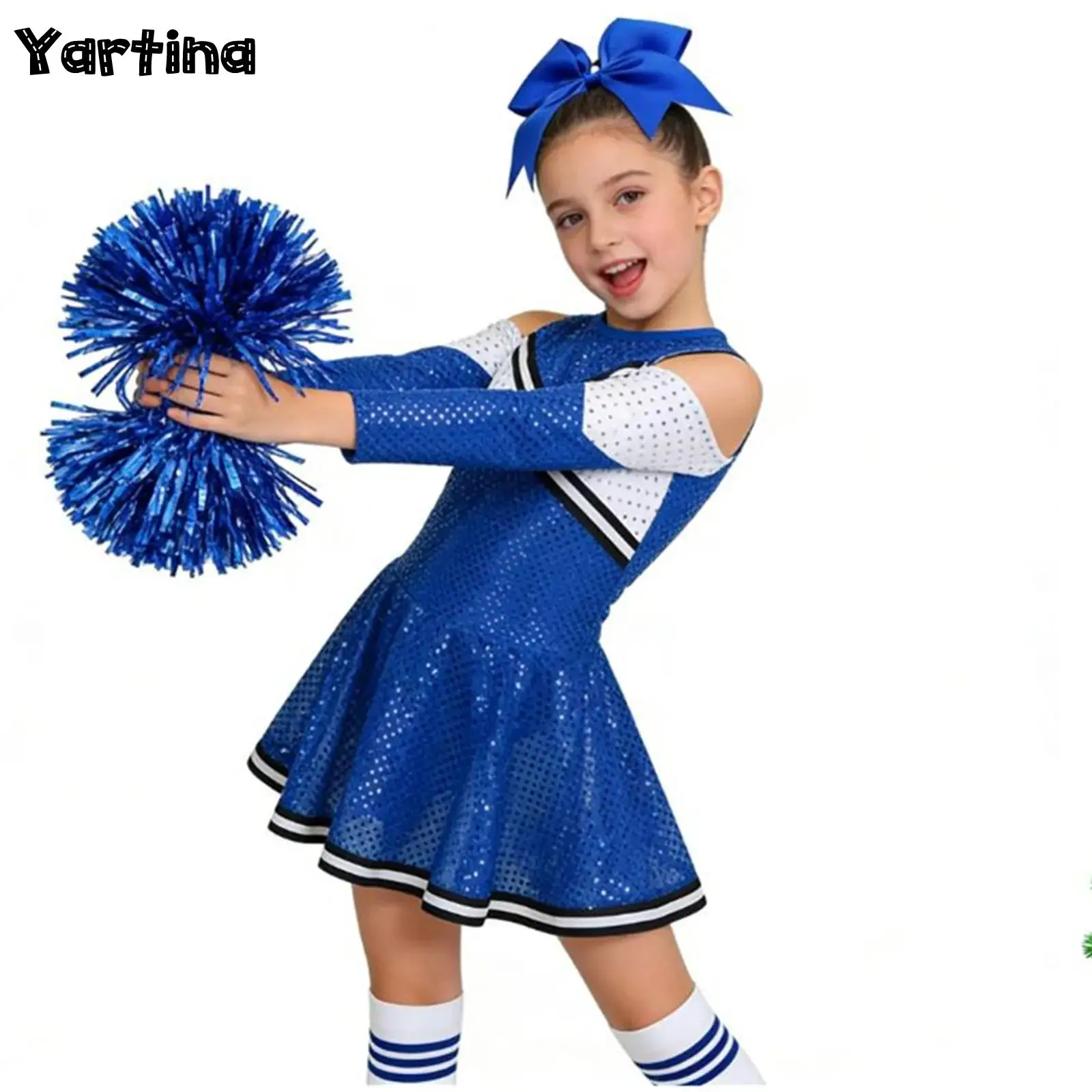 

Kids Girls Cheerleader Costume Cheerleading Uniform Sports Cheer Dance Outfits Long Sleeve Shiny Sequins Ballet Leotards Dress