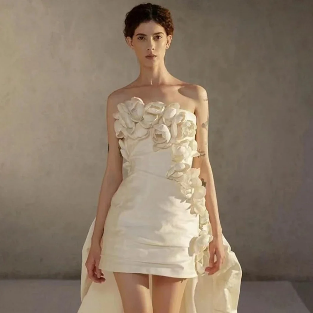 Strapless Off White Mini Length Bodycon Wedding Dress With Flowers Sexy Floral Party Dresses With Train Custom Made Clothes