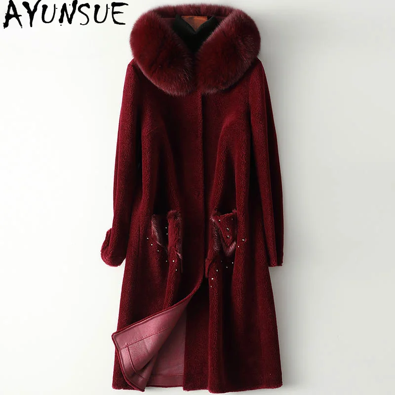 AYUNSUE Elegant 100% Sheep Shearing Coat Women Winter Hooded Wool Jackets for Women 2023 Casual Fur Coats Women Fox Fur Collar