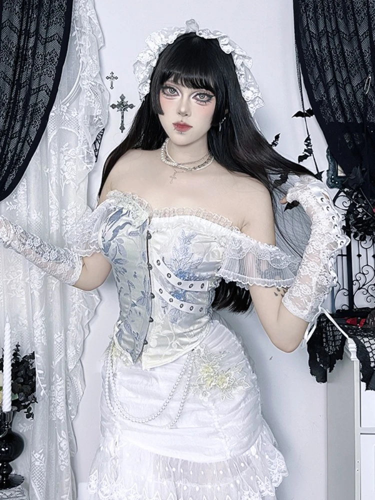 AltGoth خمر القوطية لوليتا سترة المرأة قصر نمط الجمالية Fairycore الجرونج العيينة الدانتيل المرقعة حمالة قطع علوية بدون حمالات