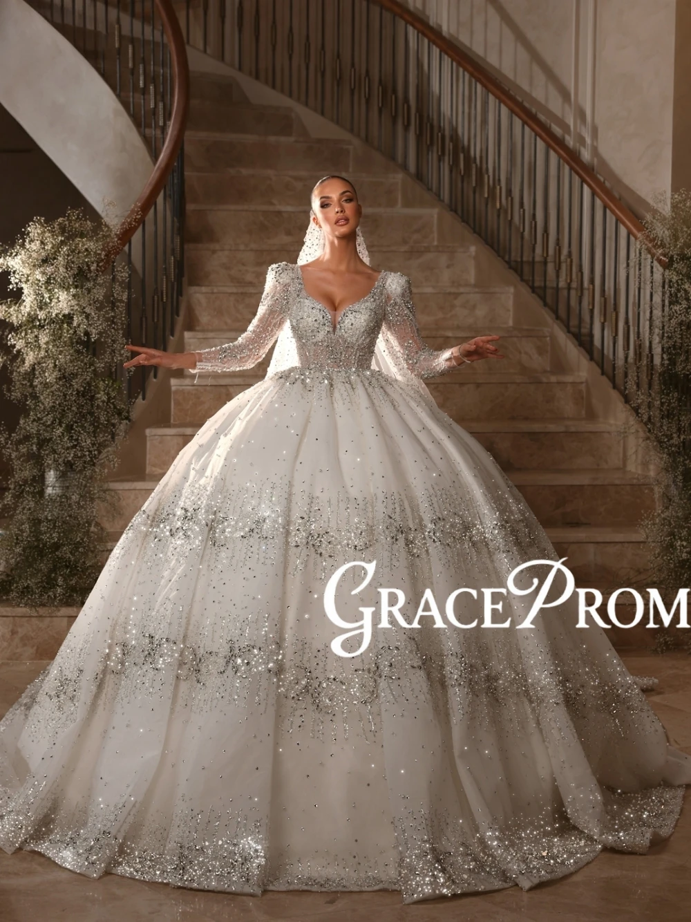 

High-End Beaded Ball Gown Wedding Dress Sparkly Long Sleeve Deep V Neck Fairy Bridal Gown For Luxurious Wedding Ceremonies