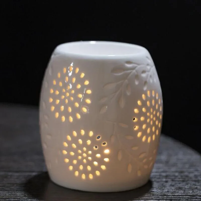 Ceramic Hollow Floral Pattern Aromatheraphy Burner Candle Holder Oval Shape Essential Oil Furnance Indoor Use Home Decor