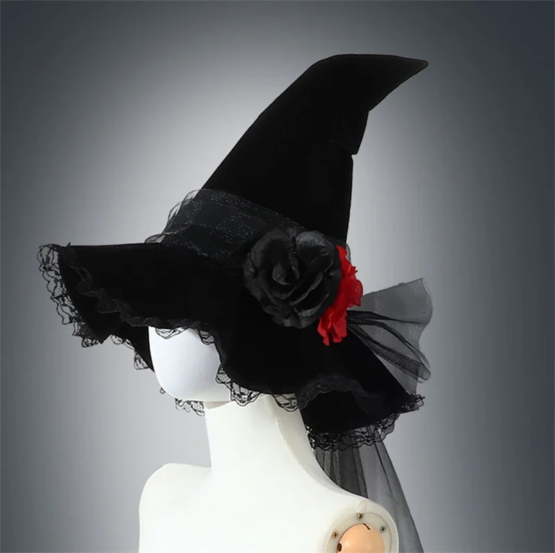 

Halloween Wide Brim Witch Hat with Feather Rose Top Pointed Caps Cosplay Wizard Caps Versatile for Women Men Masquerade Party