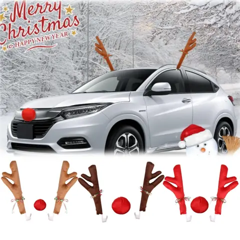 Reindeer Christmas Car Antlers Christmas Reindeer Car Costume Kit with Antlers & Nose, Universal Auto Accessories for SUV Truck Van, Holiday Decoration