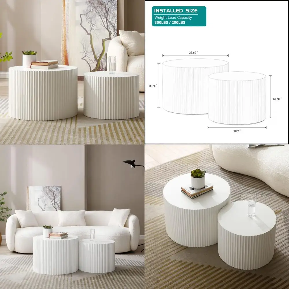 Modern White Round Nesting Coffee Table Set of 2 for Living Room - Contemporary Drum Style Wood Circle Side Tables