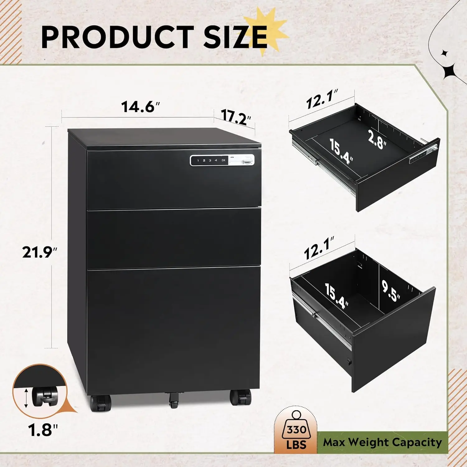 3 drawer file cabinet with combination lock，fully assembled metal filling cabinet except wheels, mobile under desk file cabinet