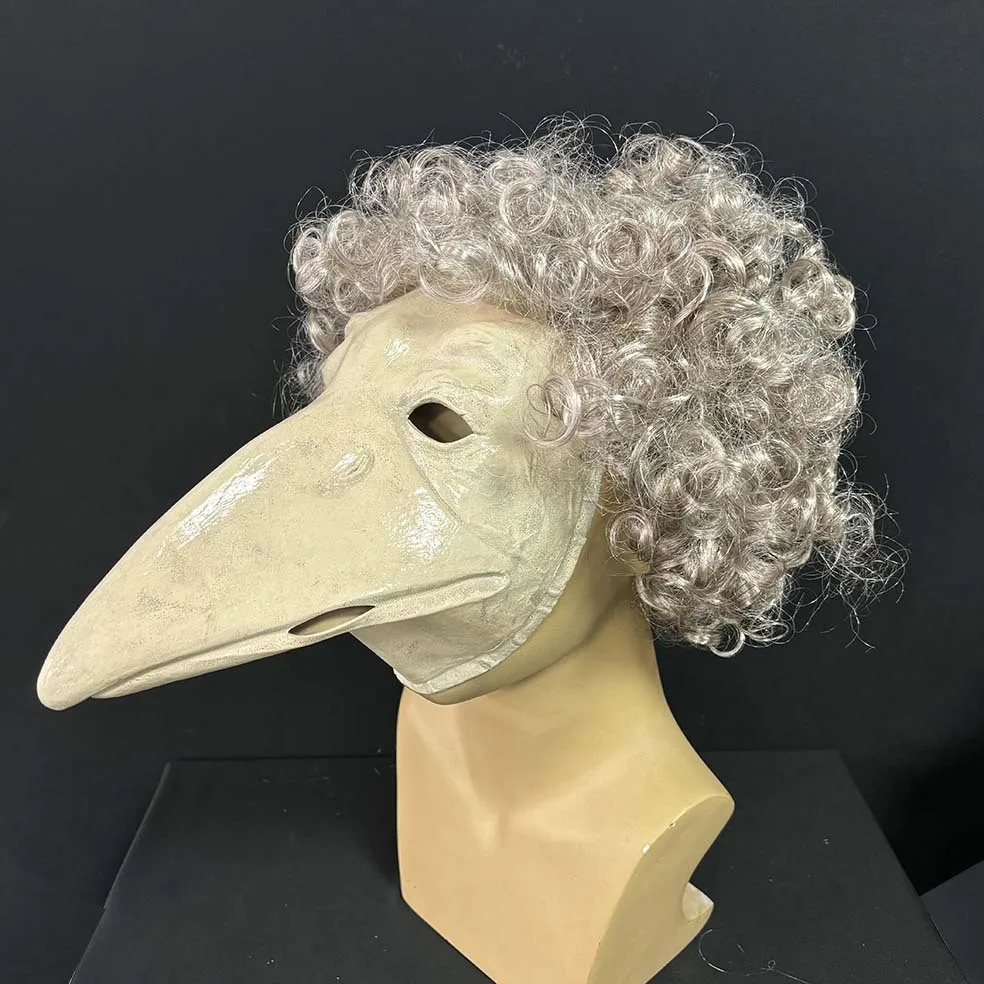 Retro-Vogelgesichtsmaske mit langem Schnabel aus Latex, Vollgesichtsmaske mit gelockter Perücke, Set für Halloween-Cosplay-Party-Kostüm-Requisiten für Erwachsene – Detail 3