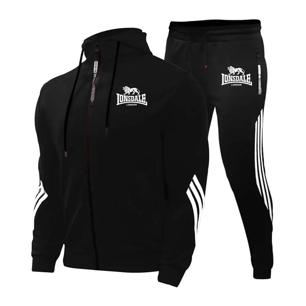 LONSDALE Men\'s Suit Is Comfortable Warm In Autumn Winter Business Leisure Collar Zipper Coat+Trousers Sweatshirt
