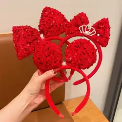 Children New Year Red Bow Headband Girl Crown Sequin Bowknot Hairband Headwear Hair Accessories