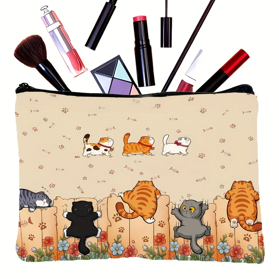 Cat-Themed Makeup Bag Cute Storage Pouch Featuring Little Cats And Paw Print Designs, Equipped with a Zipper Women's Clutches