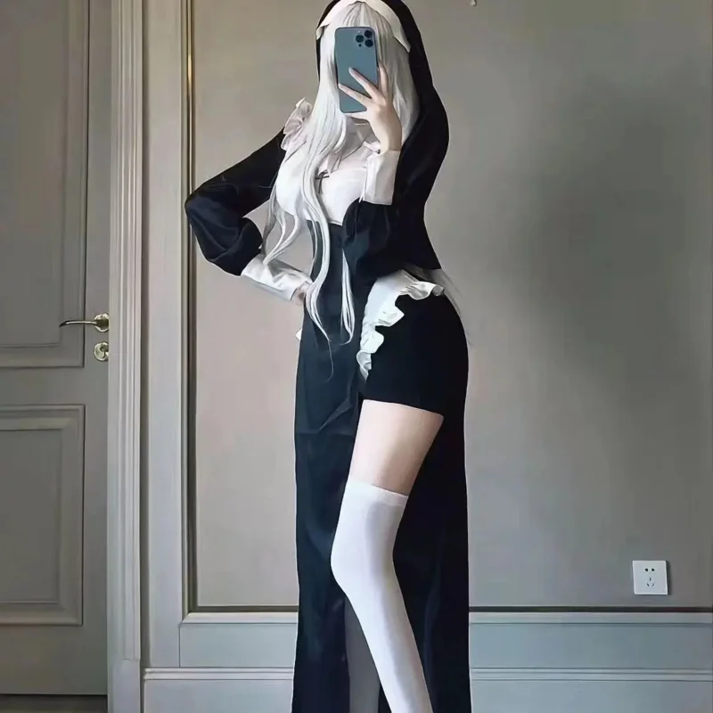애니메이션 섹시한 수녀 원래 디자인 코스프레 Chowbie 유니폼 블랙 섹시한 드레스 여성을위한 대형 할로윈 의상