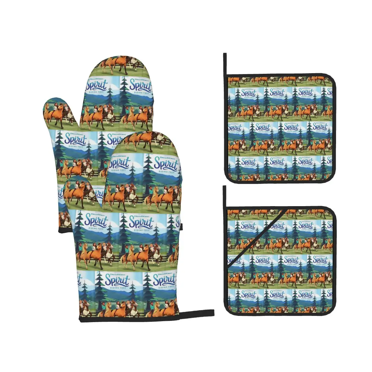 Spirit Riding Free Oven Mitts and Pot Holder Sets of 4 for Baking Kitchen Cooking BBQ Resistant Non-Slip Gloves