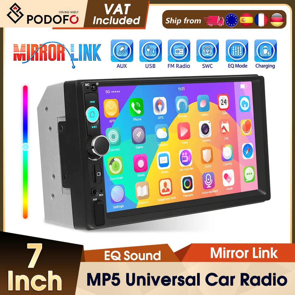 Autoradio Podofo 7'' 1 Din, lecteur MP5, autoradio avec lien miroir filaire, écran tactile HD, lecteur multimédia Bluetooth FM EQ, autoradio