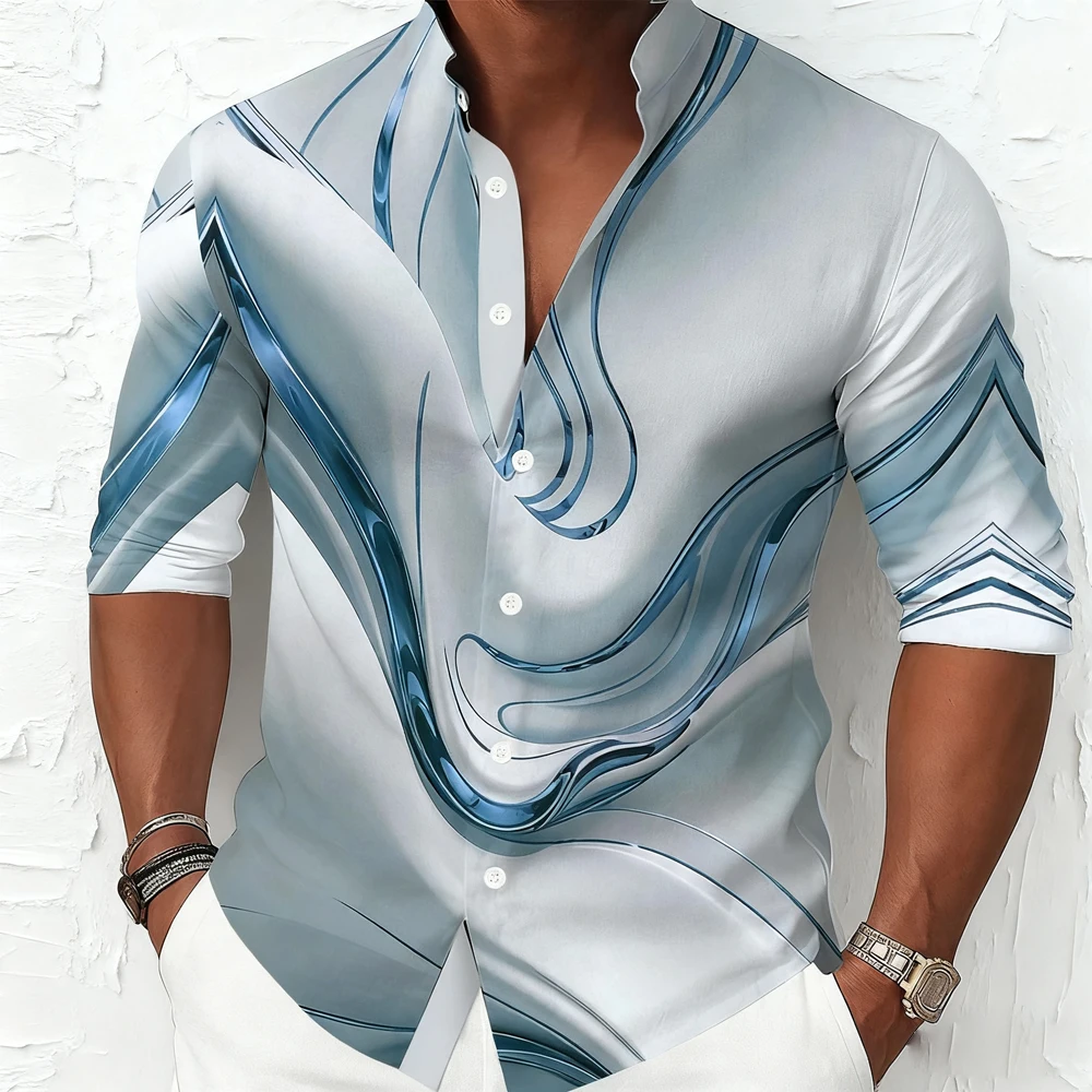 Men's Retro Stand Collar Gradient Natural Pattern 3D Printed Shirt Men's Spring and Autumn Long Sleeve Business Casual Outdoor