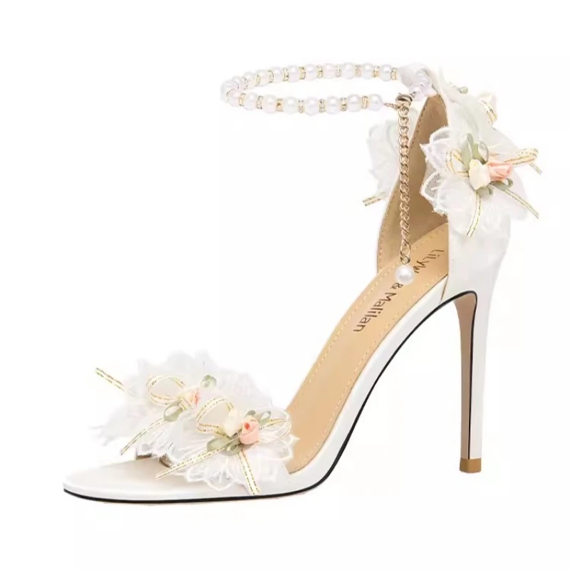 Summer New Silk Flower Open Toe Stripe Pearl Sandals with Thin High Heels Banquet Dress Versatile Large and Small Women's Shoes