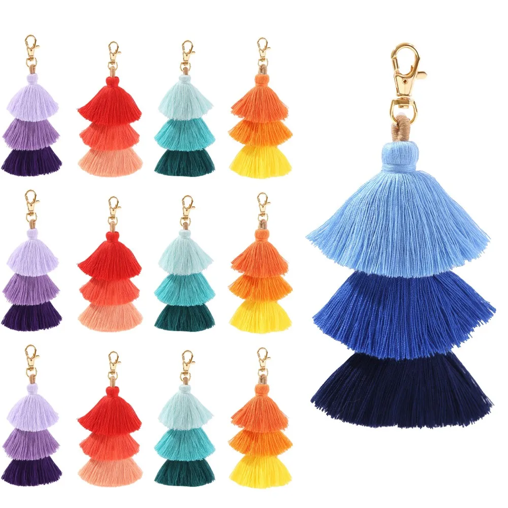 

Bohemian Multicolor Tri Layered Pompom Tassel DIY Handbags Charm Pendant Keychain Multi-Color Handmade Crafts Making Supplies