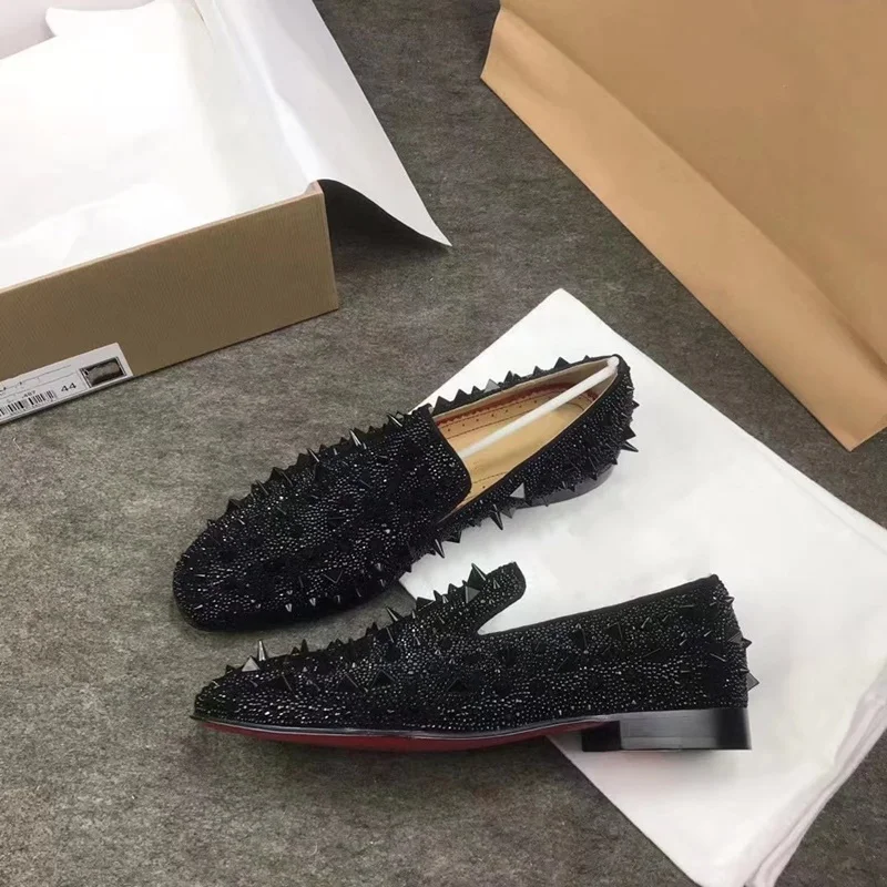 LOUBUTEN New Men Black Rhinestone Loafers Handmade Brand Luxury Spiked Shoes Breathable Red Bottom Party And Wedding Shoes