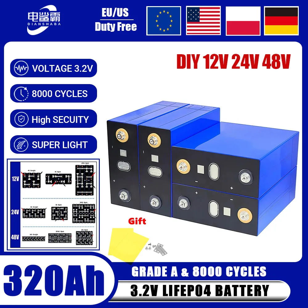 

3.2V 320Ah Lifepo4 Grade A Rechargeable Battery DIY 12V 24V 48V Lithium Iron Phosphat for Camping Boat Cart RV Forklift NO Duty