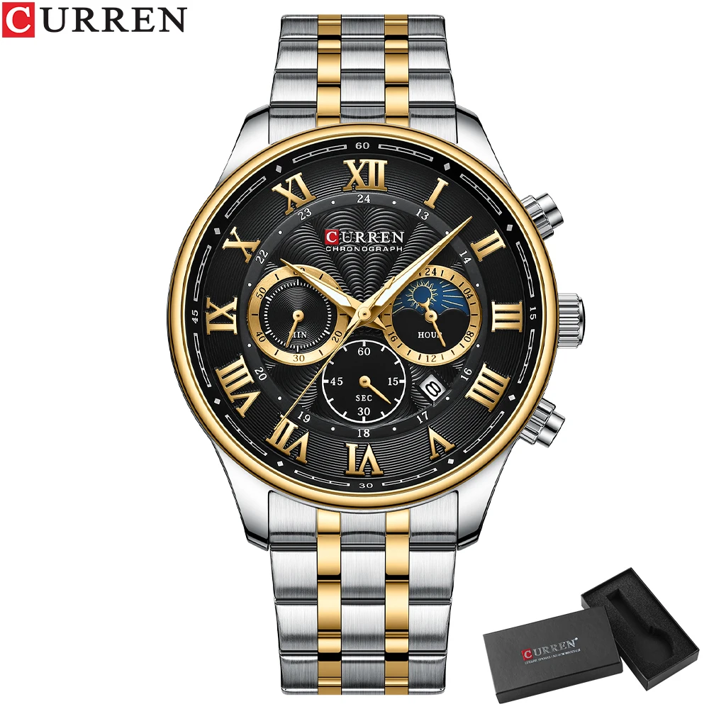 CURREN Modische Sport-Chronograph-Armbanduhr für Herren, Edelstahlarmbanduhr mit automatischem Datum