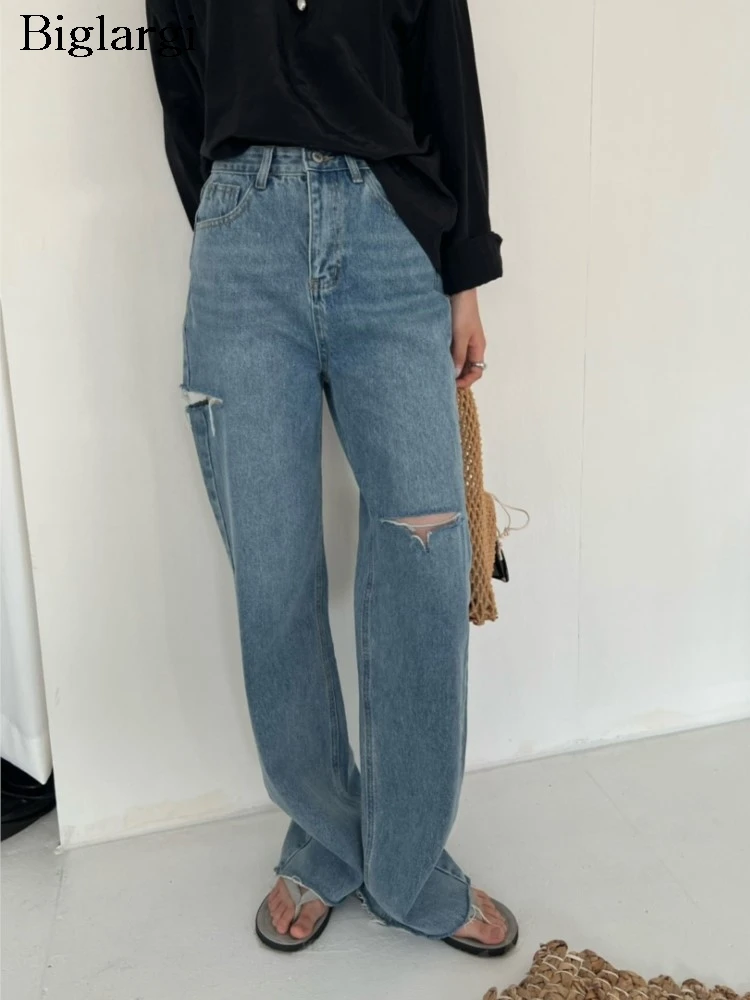 

Jeans Summer Long Straight Pant Women Irregular Hole Fashion High Waist Ladies Trousers Casual Loose Korean Style Woman Pants