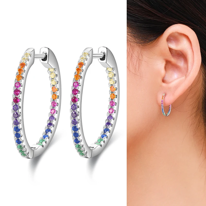 925 Sterling Silver Small Circle Hoop Earrings For Women  Rainbow Color Zirconia Sparkling 17mm Earrings Luxury Wedding Jewelry