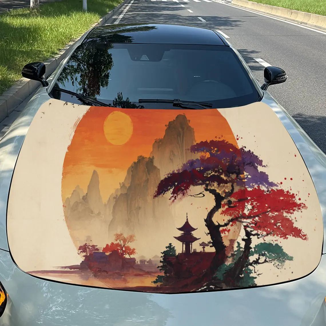 Trendy Chinese Landscape Painting PVC Car Engine Hood Vinyl Wraps, Self-Adhesive Waterproof Car Hood Decal Sticker, Car Decorati