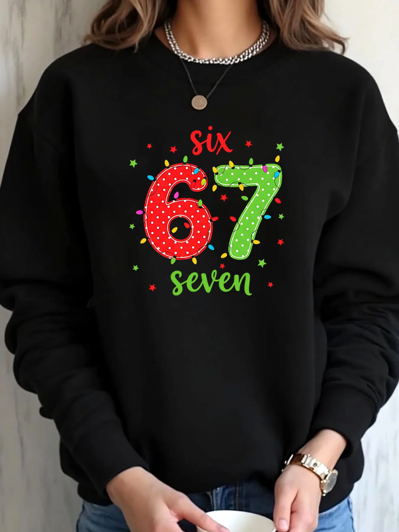 سويت شيرت نسائي مقاس كبير لعيد الميلاد ستة 67 سبعة طباعة ملابس خارجية #1