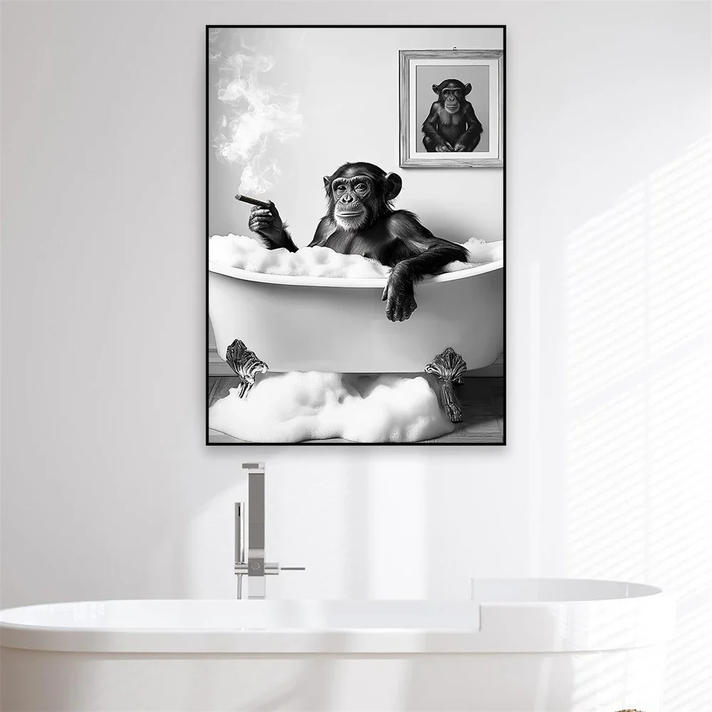 1pc frameless Canvas Painting Funny Black And White Bathroom Poster Raccoon Wearing Bathrobes Toilet Wall Art Print Animal Canva