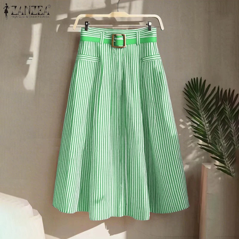 ZANZEA Women Fashion Office Stripe Skirts 2026 High Waist Pleated Jupes Thin A-Line Midi Skirt No belt Elegant Party Faldas Saia