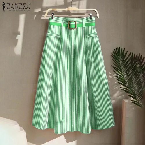 Imagen 2 del producto ZANZEA Falda midi plisada de cintura alta con rayas para mujer, estilo oficina, línea A, sin cinturón, elegante, para fiesta, 2026
