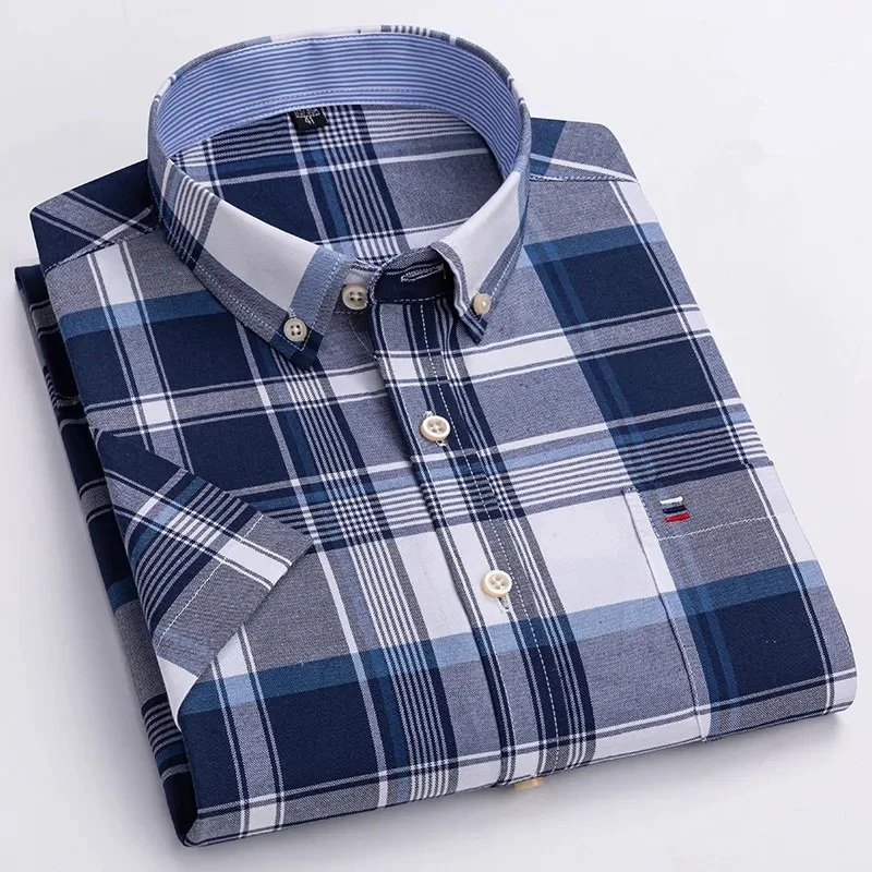 

kx433 Oxford cotton short sleeved shirt for summer comfort breathable classic solid color plaid business