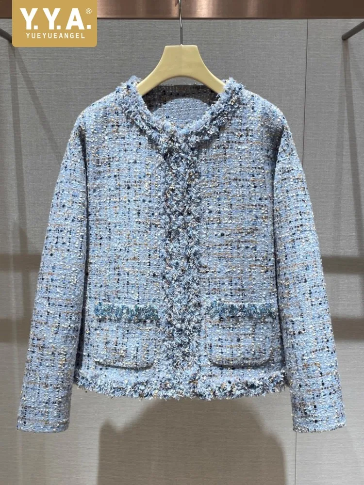 Autumn O-Neck Elegant Tweed Jacket Sequin Party Coat Luxury Banquet Outerwear Fashion Office Ladies Long Sleeve Date Overcoat
