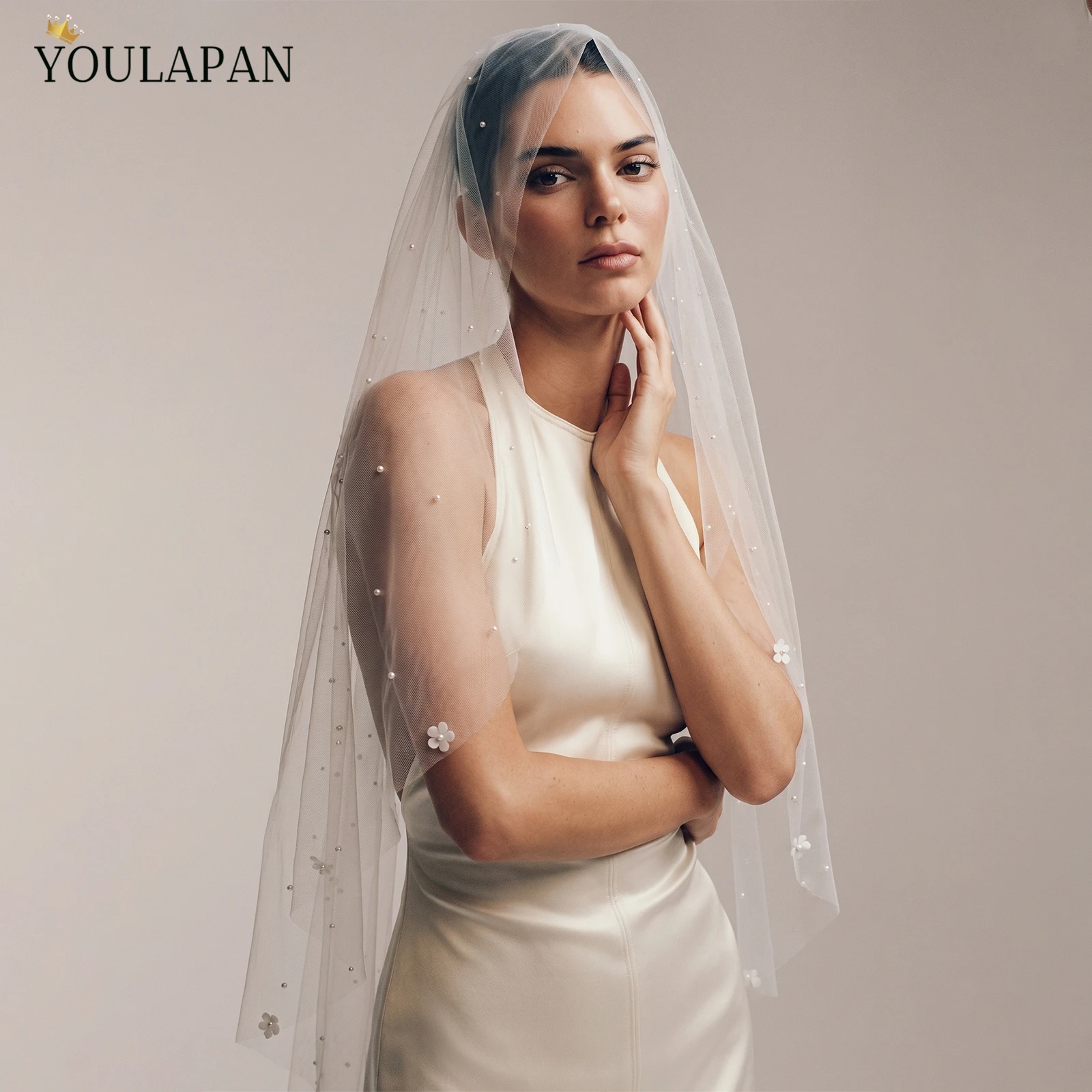 TOPQUEEN 3d Small Flower Wedding Veil Pearl Veil Covering Face Front And Back Wedding Accessories Customizable M69