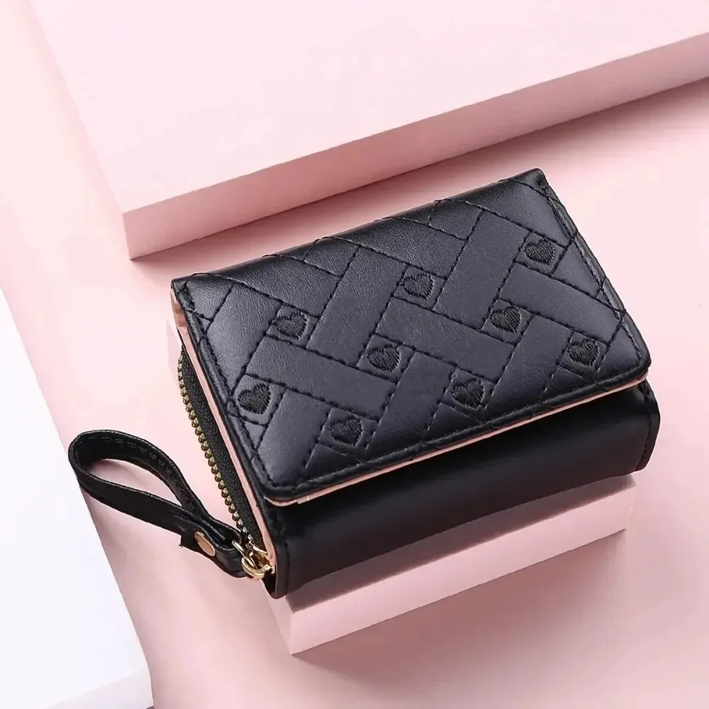 Women's Embroidered Love Zero Wallet with Zipper - Large Capacity Card Holder, Short Buckle Purse - Simple Fashion Accessory