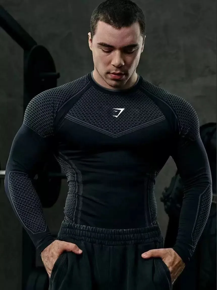 GYMSHARK Fitness Long sleeved Men's Autumn/Winter Base Shirt Elastic Quick drying Tight Clothes Cycling Trendy Printed T-shirt
