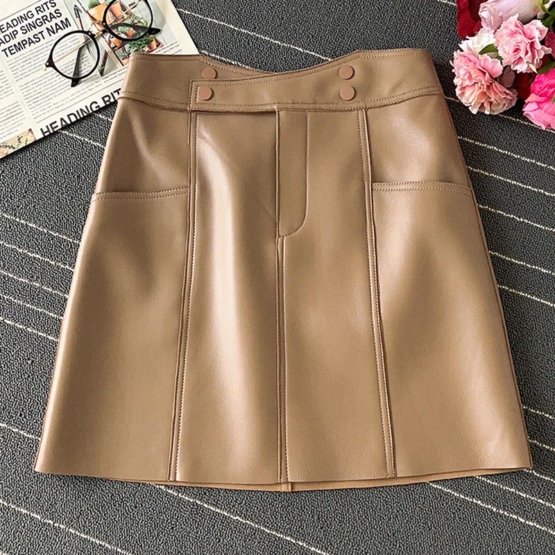 

Women Fashion 2023 Sheepskin Genuine Leather Short Skirt Pocket A-line Sexy Mini White Solid South Korean Fashion High Waist