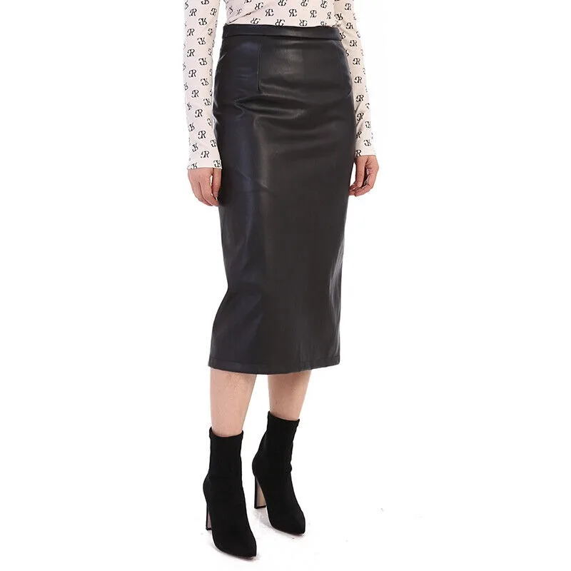 Women's Genuine Lambskin Classy Model Office Wear Black Below Knee Leather Skirt