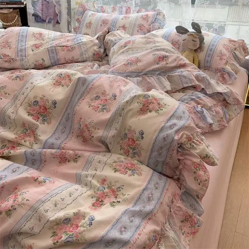 Koreanischen Stil Prinzessin Floral Bettwäsche Set Gewaschene Baumwolle Vintage Französisch Pastoralen Blumen Spitze Rüschen Bettbezug Set Kissenbezug – Detail 4