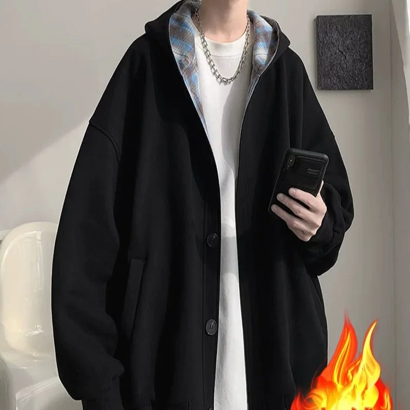 

Retro solid color plaid hooded cardigan, fake two-piece hoodie, men's and women's spring and autumn casual loose jacket