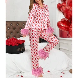 HEZIOWYUN Women’s Valentine's Day 2Piece Satin Pajama Set Feather Cuff Trim Long Sleeve Button Up Lapel Shirt + Pants Sleepwear