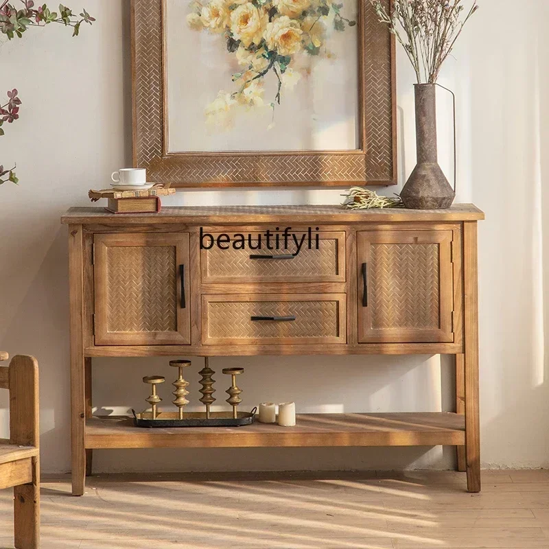 D06  American retro dining side cabinet solid wood carving flower old wall mystery cabinet wabi sandy wind storage cabinet