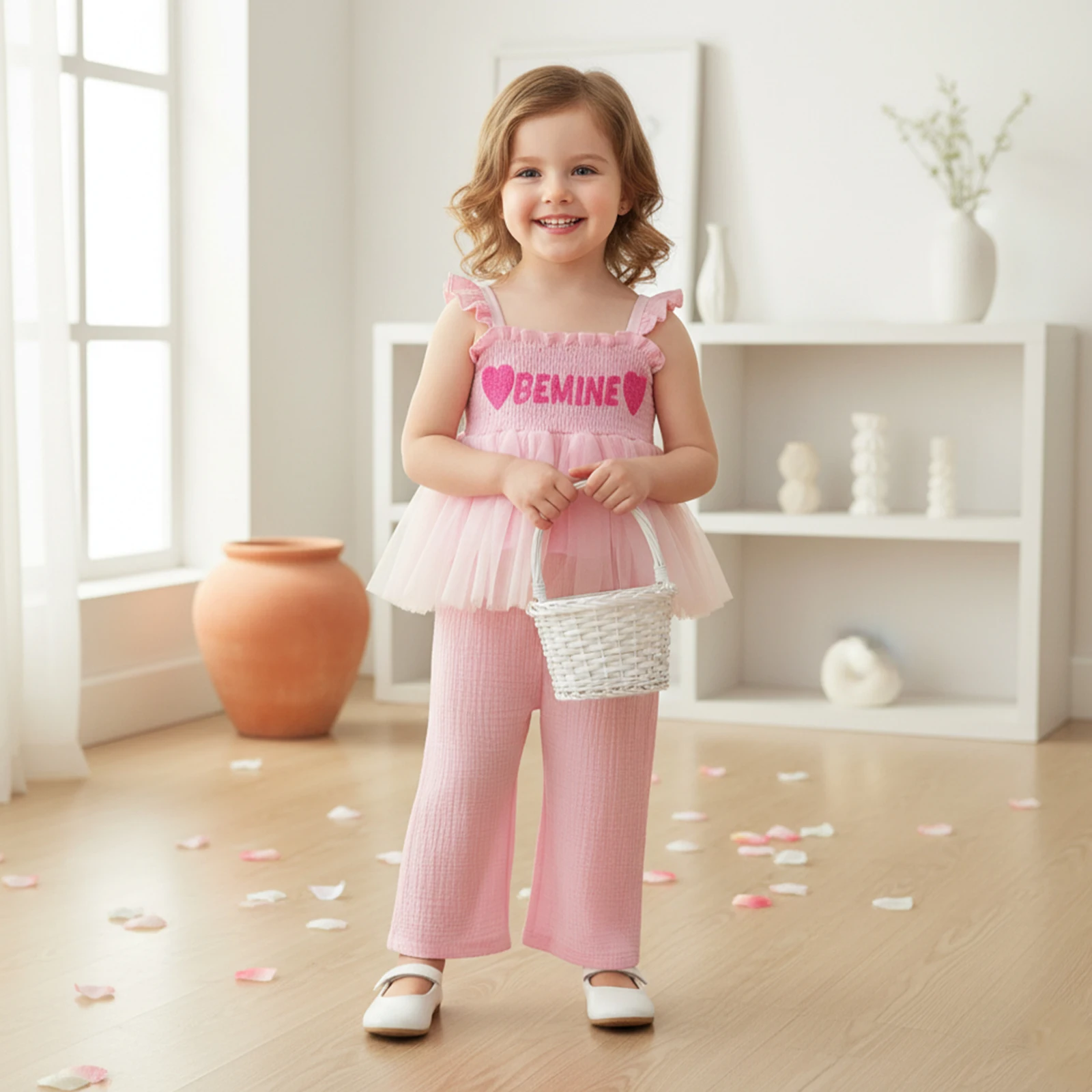 طفل رضيع ملابس طفلة الصيف رسالة مطرزة Smocked تمثال نصفي تول تانك القمم الصلبة واسعة الساق السراويل الملابس مجموعة