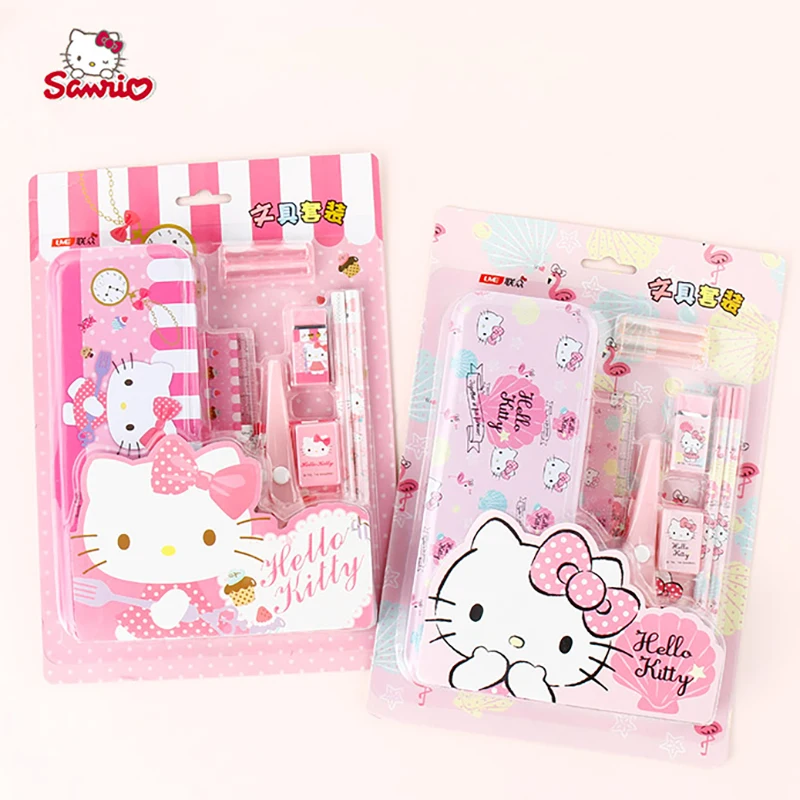 

8pcs Sanrio Hello Kitty Stationery Set Gift Box Kawaii Pencil Cases Pencil Ruler Eraser Pencil Sharpener Kids School Supplies