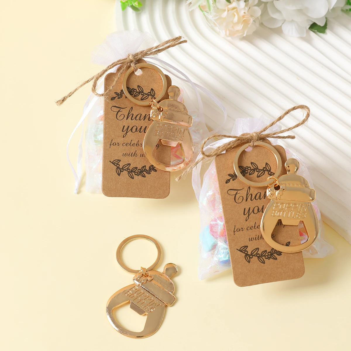 Gold Foot Bottle Opener Baby Shower Souvenir Gift Wedding Gift for Guest Party Favors Gift Bottle Opener with Mesh Bag Elevator