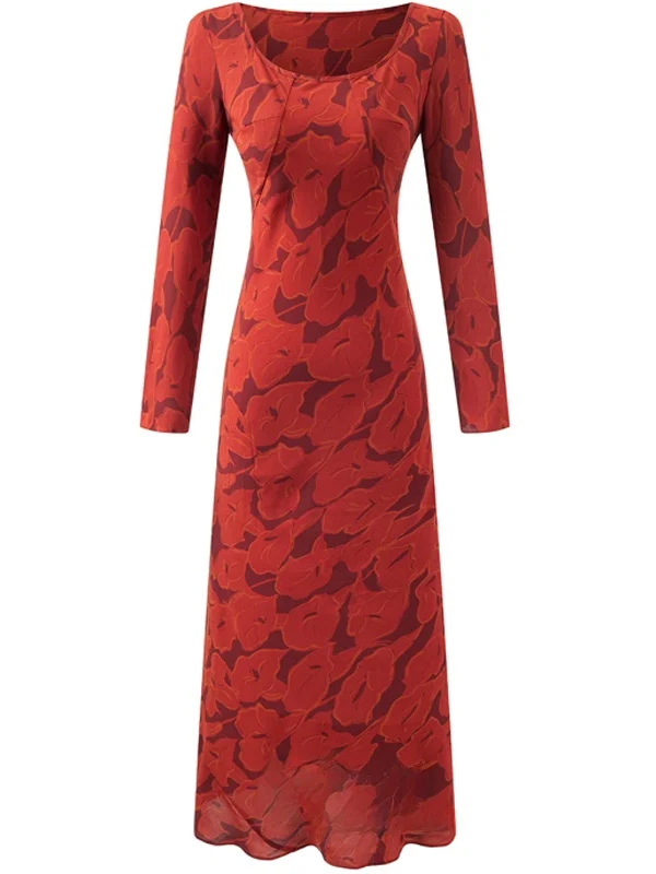 Ele rétro imprimé fleuri longue Sve Dr femmes minceur Sexy coupe Oblique Dr français Sle Polyester décontracté rond Ne
