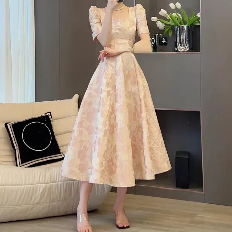 Pink Floral Long Dresses Spring Summer Puff Sleeve Vintage French Style Vestidos Mujer Elegant Sweet Women Dress