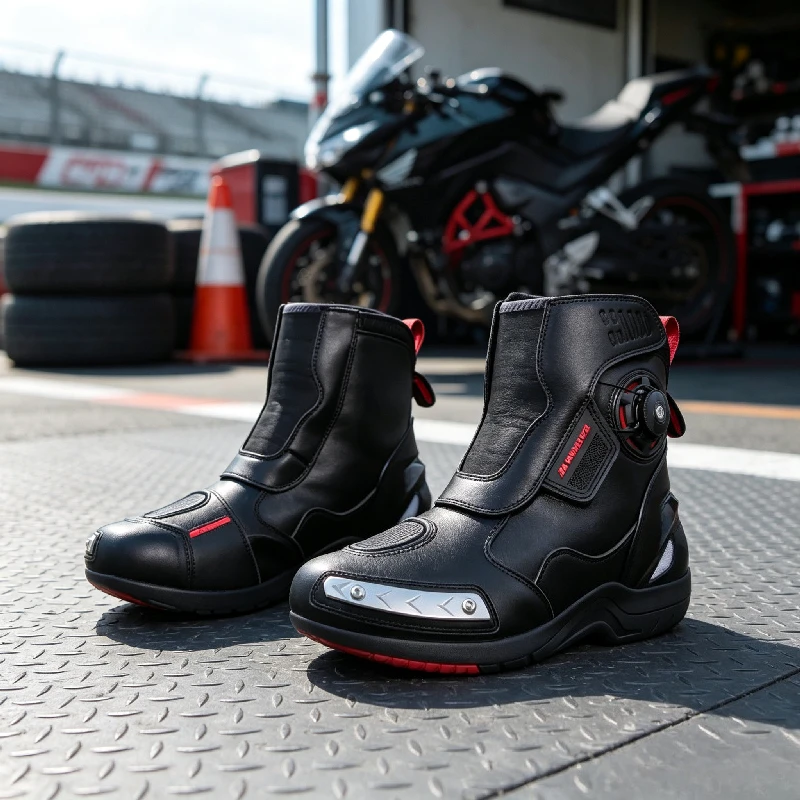 JG.WOLVES Leather Motorcycle Retro Men Motocross Boots Waterproof Riding Shoes Black Motorcyclist Boots Motorcycle Shoes